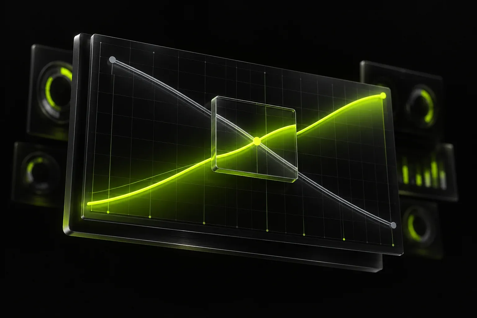 Chart where a falling grey line crosses a rising lime curve, seen through a glass lens