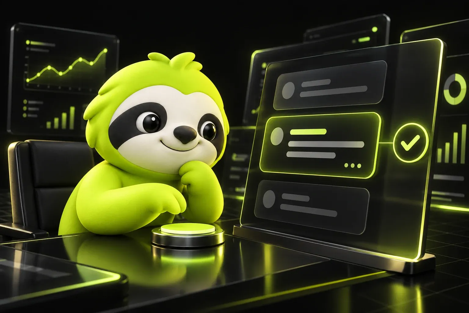 Sloth at a desk reviewing message drafts on a screen, one of them marked with a check