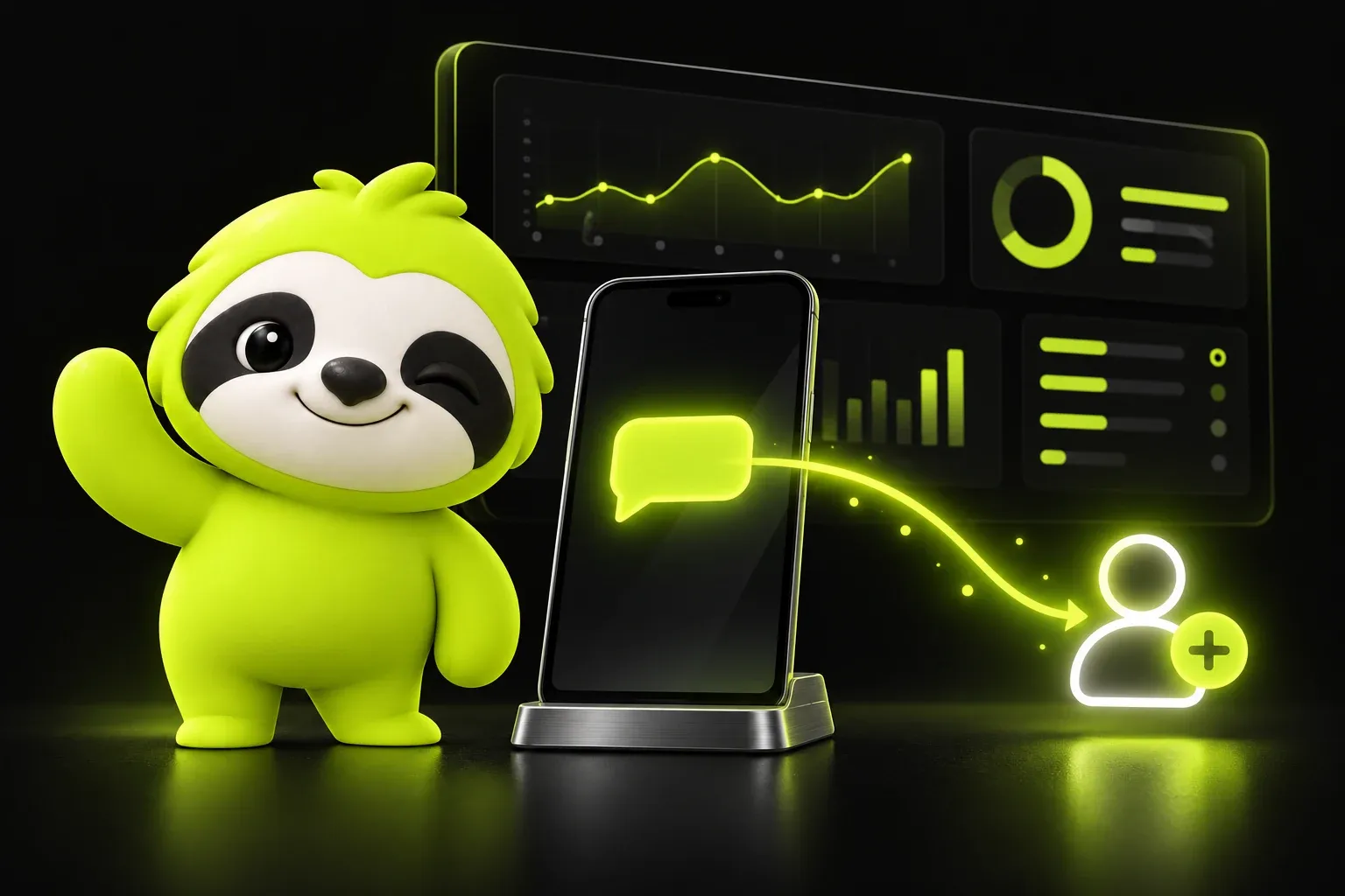 Waving sloth beside a smartphone sending a welcome message bubble to a new contact